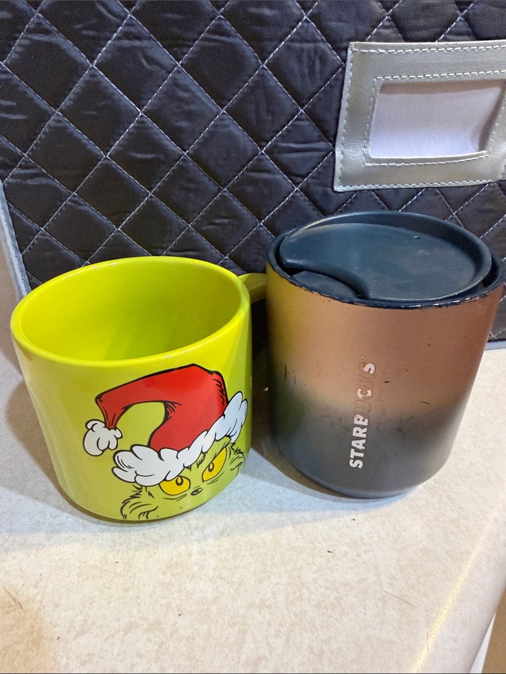 Starbucks Black to Copper Gradient Travel Mug with Yellow Grinch bundle